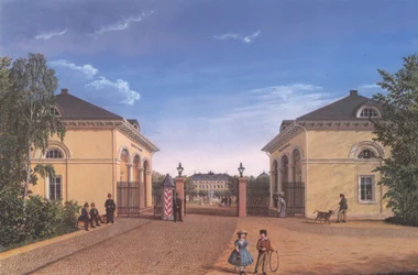 Darmstadt, Frankfurter Tor avec vue sur Mathildenplatz